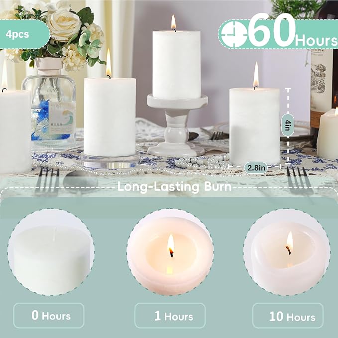 4 Pcs White Orange Vanilla Scented Pillar Candles, 60H Long-Lasting Burn,2.8x4in,Non-Toxic Smokeless,Warm Cozy Aromatherapy for Home Ambience/Relaxation,Ideal Gift for Birthday/Valentine's Day