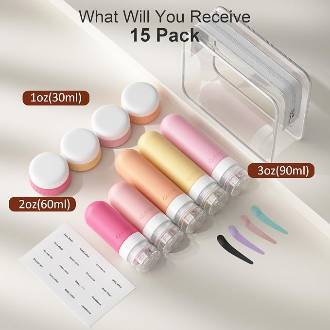 Quatish 15 Pack Travel Bottles for Toiletries, Original Patented, TSA Approved Travel Size Containers, Leak Proof Silicone Shampoo and Conditioner Bottles Women & Men, Airplane Essentials, Macaron