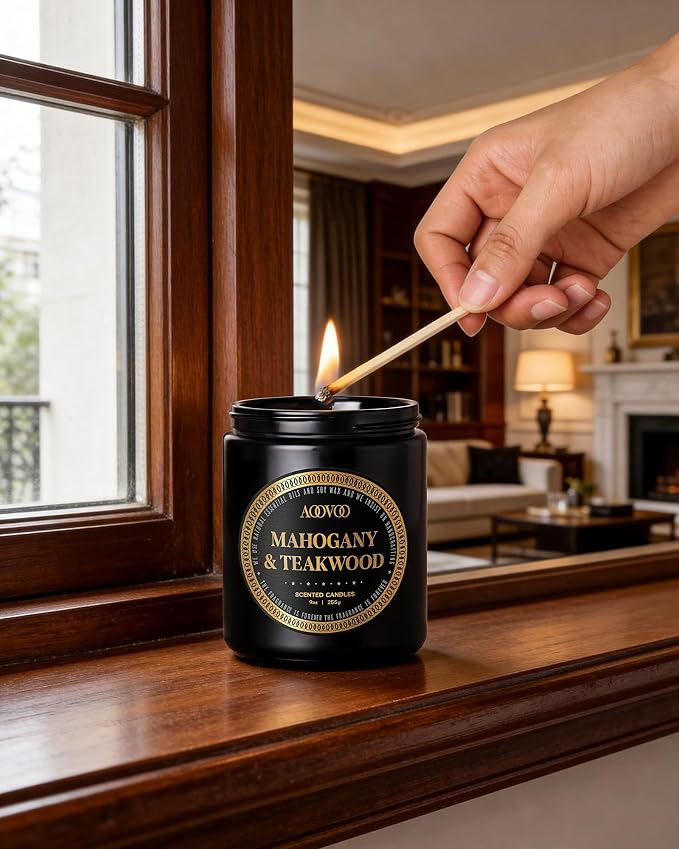 AOOVOO Scented Candles for Men - Mahogany & Teakwood Candles for Home Scented | Soy Candles | Strong Fragranced Masculine Black Candle Gift for Women & Men, 9oz