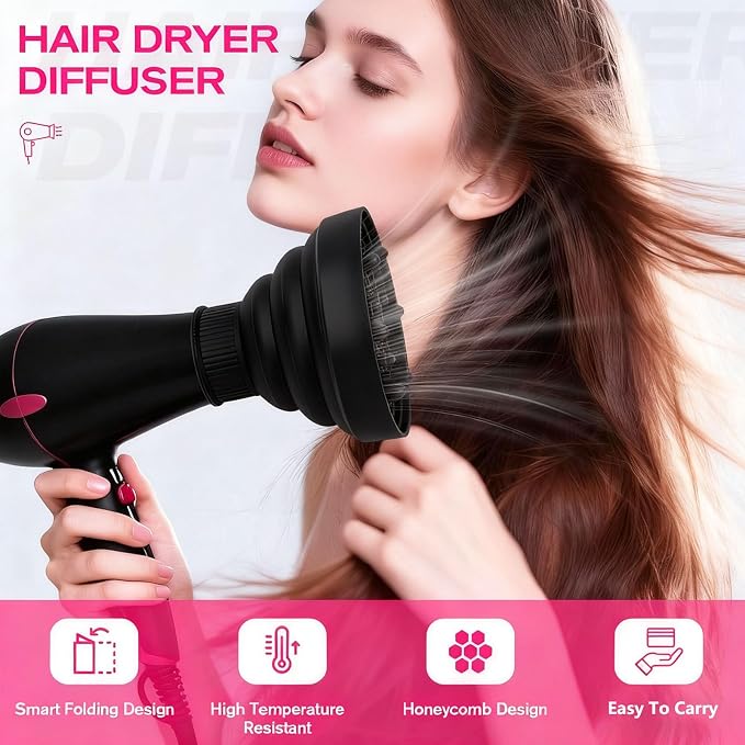 Universal Silicone Hair Dryer Diffuser Attachment, Collapsible & Portable Blow Hair Diffuser for Curly/Wavy Hair Travel Use, Lightweight Folding Fits 1.57-1.99" Nozzles for Salon Home (Black)