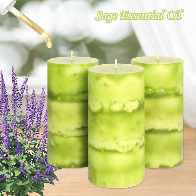 Sage Scented Candles - 3x6 Inch Green Pillar Candles Hand-Poured Long Lasting Burn Time Dripless Large Aromatherapy Candles for Home Scented Cleansing House Bathroom Relaxation Spa Church