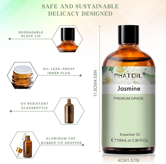 PHATOIL 3.38FL.OZ Jasmine Essential Oil with Glass Dropper, for Aromatherapy Diffusers, Humidifiers, Great for DIY Candle and Soap Making, Huge 100ML Bottle