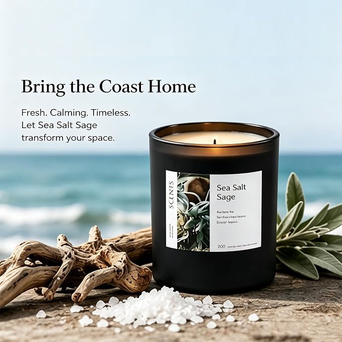 Sea Salt Sage Soy Candle, Driftwood Aromatherapy Candle for Home, Natural Soy Wax Sleep Candle with Citrus Woody Scent for Bedroom, Relaxation, Bath & Self Care Gift