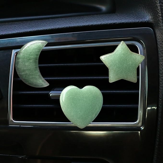 Set of 3 Crystal Stone Car Air Vent Clips, Moon Star Heart Quartz Charm Car Air Freshener Clip, Air Conditioning Outlet Clip, Cute Car Interior Decoration Accessories for Men Women (Green, Unscented)
