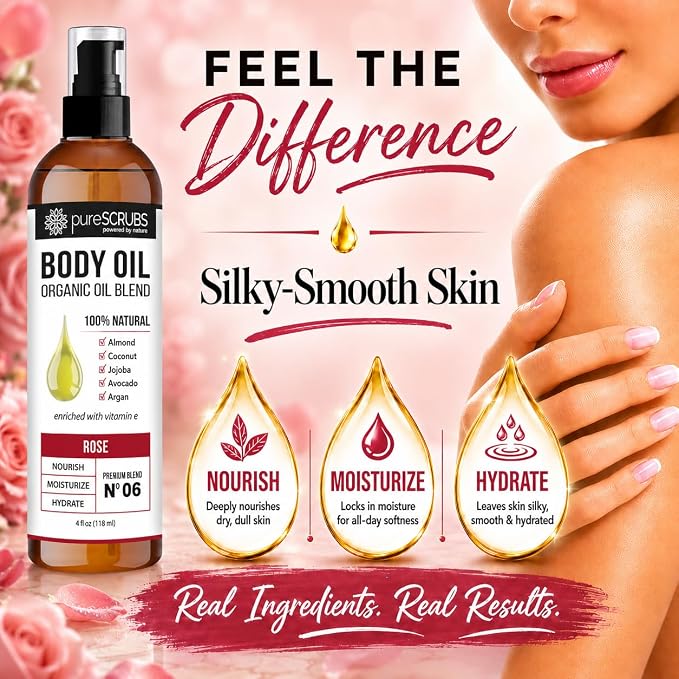 pureSCRUBS Ultra Moisturizing Rose Body Oil for Dry Skin, Lightweight Full Body Moisturizer for Soft, Silky Skin, Massage & Cuticle Oil, Vitamin E Enriched, 4 oz