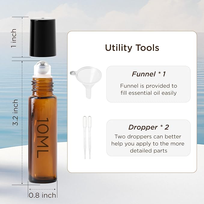 Essential Oil Roller Bottles, 10ml Thick Glass Perfume Roller Bottles with Funnel Opener and Dropper Colored Glass Empty Bottles with Stainless Steel Roller Balls (Brown - black cover, 4 Pack)