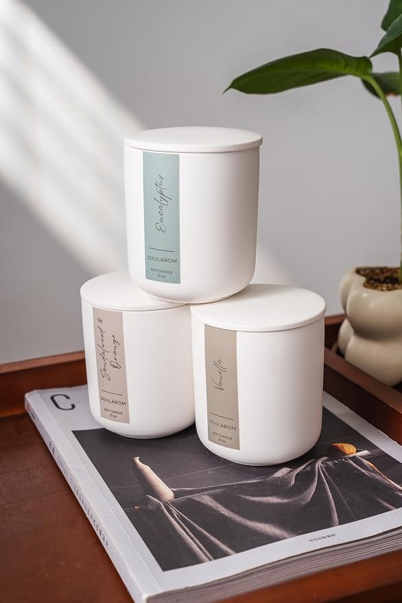 Candles for Home Scented – 10oz Hand Poured Aromatherapy Vanilla Candle Soy Wax Candles in Elegant Ceramic Jar – Crackling Wooden Wick Decorative Candle with 60 Hours Burn Time