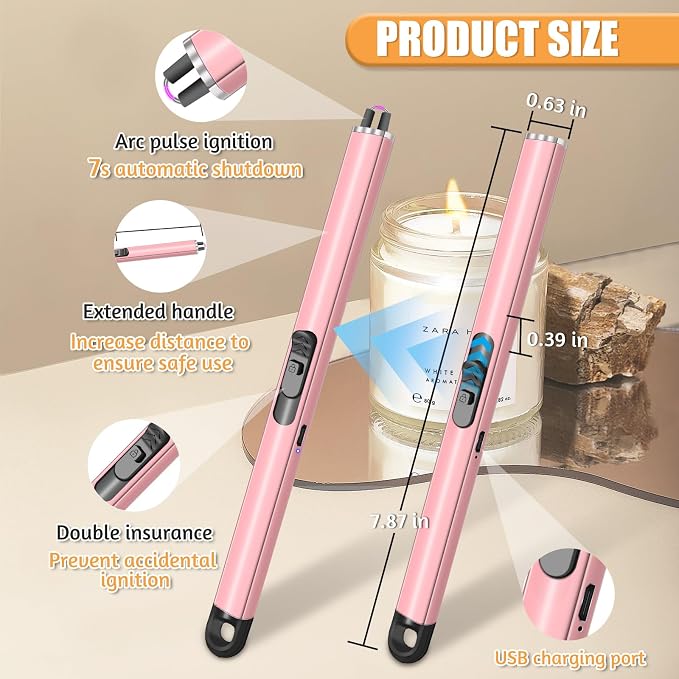 2 Pack Electric Candle Lighters, USB Rechargeable Lighter with Windproof Flameless & Extended Handle, Suitable for Candles, BBQ, Camping, Gas Stove, Festivals Gift (Pink, 2 Packs-B)