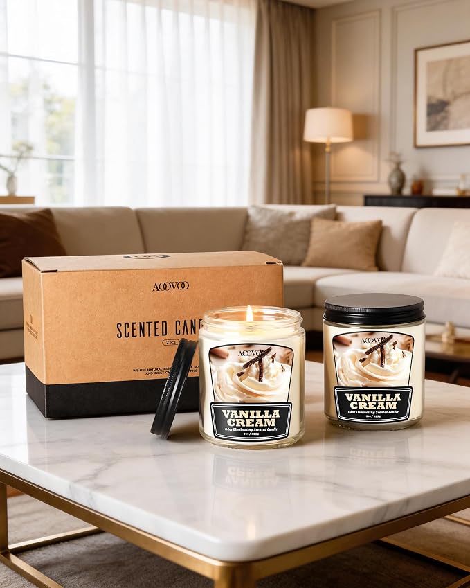 AOOVOO Vanilla Cream 2 Pack Odor Eliminating Candle - Up to 100 Hours Burn time, Eliminates 95% of Pet, Smoke, Food, and Other Smells Quickly, 18 oz Non Toxic Highly Fragranced Air Freshing Soy Candle