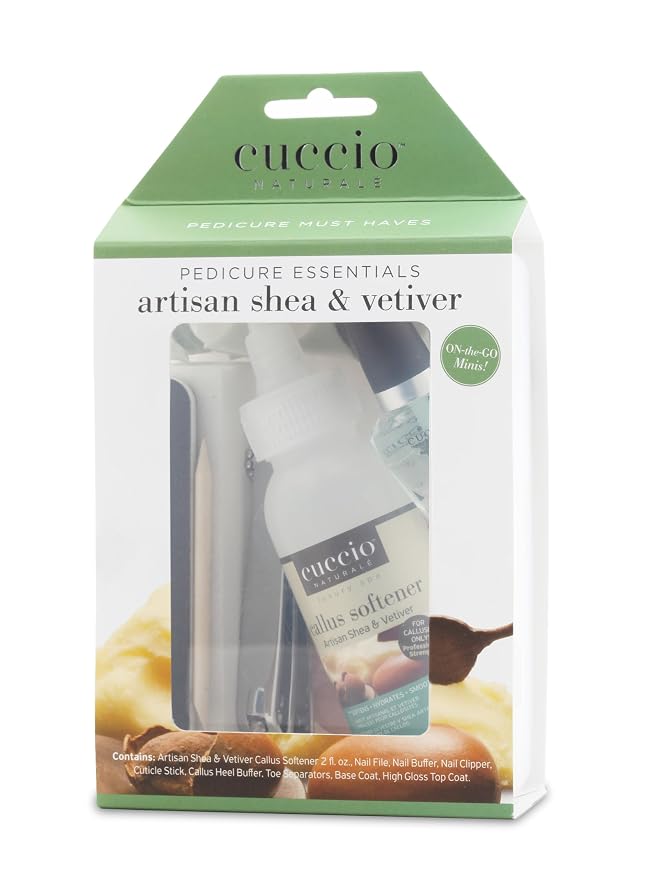 Cuccio Naturale Pedicure Essentials Starter Set, Artisan Shea & Vetiver, 8-Piece At-Home Pedicure Kit with Callus Softener 2 oz, Base & Top Coat, Heel Buffer & Nail Tools