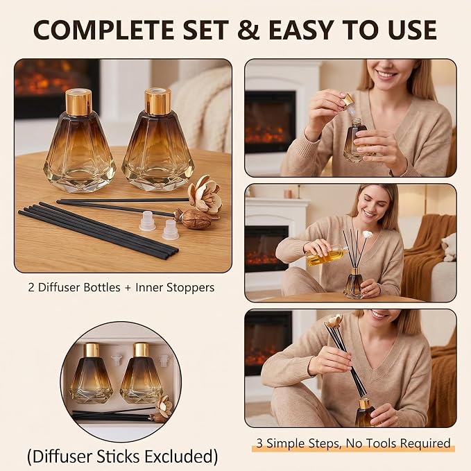 2 Pack 2oz Amber Reed Diffuser Bottles, Empty Refillable Diamond Style Glass Aromatherapy Bottles with Gold Caps & Inner Stoppers for Bathroom, Home & Office Fragrance DIY