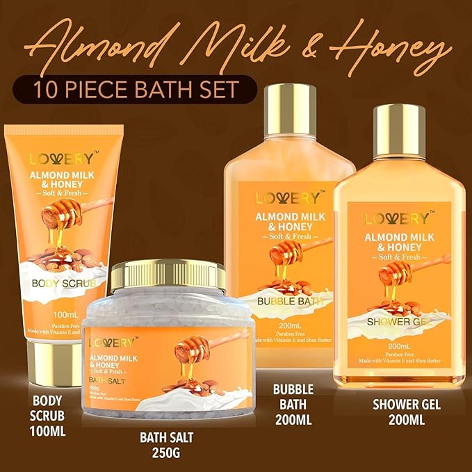 Gifts for Women Gift Basket for Women - 10 Pc Almond Milk & Honey Beauty & Personal Care Set - Home Bath Pampering Package for Relaxing - Spa Self Care Kit - Birthday, Mom, Anniversary Gift