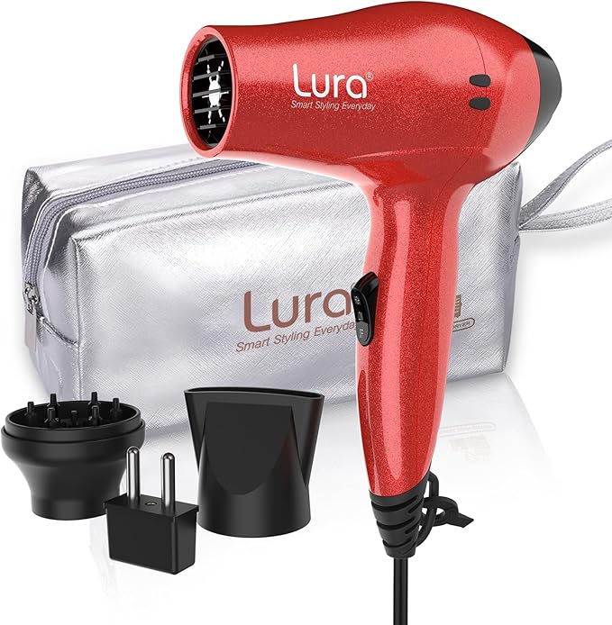 LURA Travel Hair Dryer with Diffuser,Small Dual Voltage Hair Dryers for Women,Mini Portable Blow Dryer for Men,Lightweight Compact Blow Dryer with European Plug（Red）