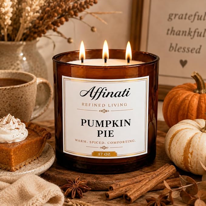 Affinati Pumpkin Pie 3 Wick Scented Candle – Large Soy Blend Candle, Strong Scent Throw Warm Autumn Spiced Fruit Dessert Gourmand Bakery Candle, Premium Fall Holiday Gift