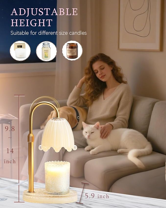 Flower Candle Warmer Lamp Glass Base with Timer & Dimmer, Mothers Day Birthday Gifts for Mom Women, Adjustable Floral Candles Warmer, Girly Wax Warmer New Home Office Decor (Yellow-Flower)