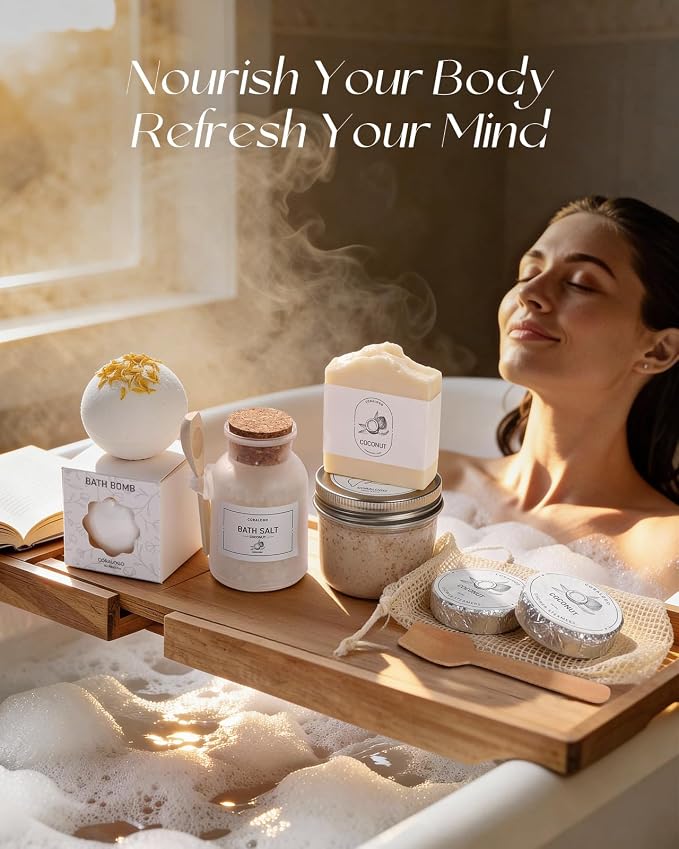 Coconut Spa Gifts for Women - 12pc Self-care Spa Gift Basket with Bath Salt, Greeting Card - Thinking of You Basket for Her Birthday, Christmas, Mother's Day, Valentine's Day