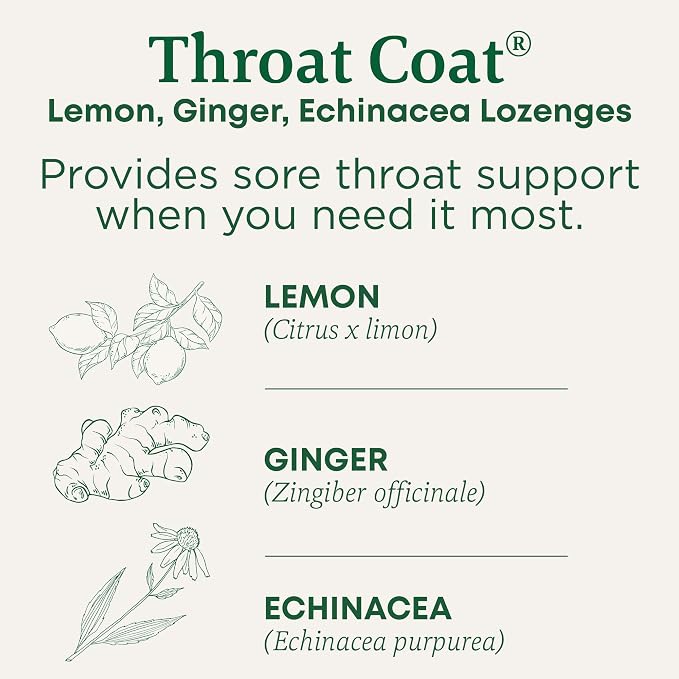 Traditional Medicinals Lozenges, Organic Throat Coat Lemon Ginger Echinacea, Sore Throat Support, 30 Individually Wrapped Lozenges (Pack of 2)