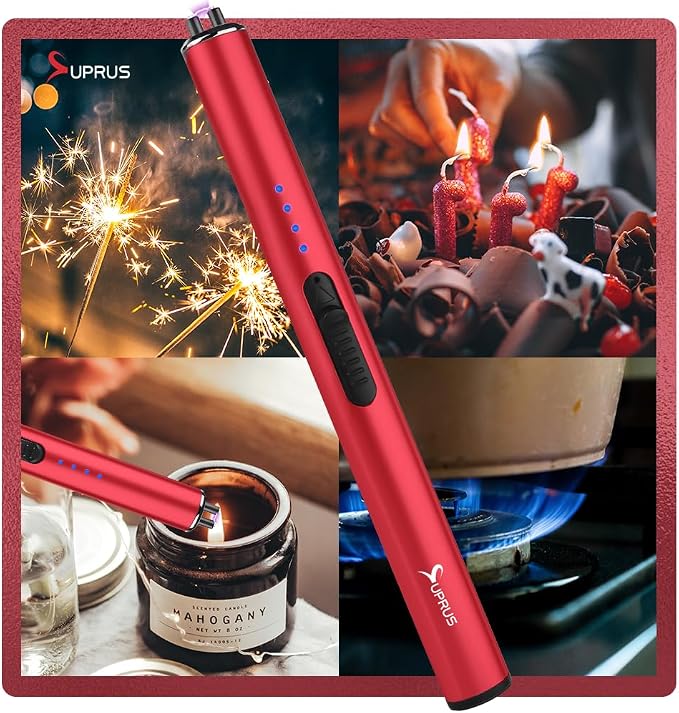 SUPRUS Electric Arc Windproof Flameless USB Rechargeable Lighter with Safety Lock for Candle (Red, 3 Packs)