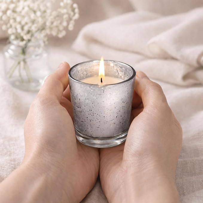 Hosley Set of 12 Silver Mercury Filled Glass Votive Candles. Ideal Gift for Weddings, Bridal Showers, Parties, Home Decor, and Special Events