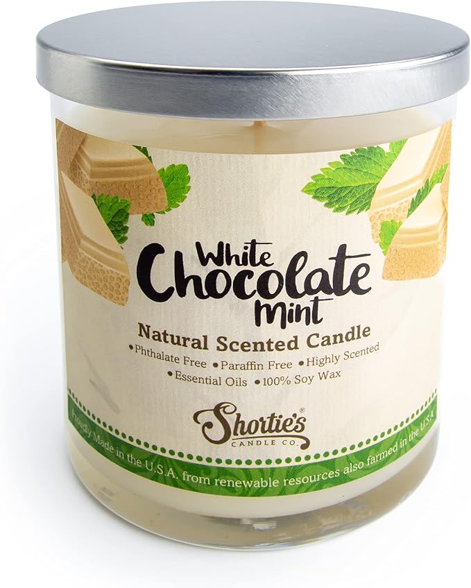 White Chocolate Mint Scented Natural Soy Candle, Essential Fragrance Oils, 100% Soy, Phthalate & Paraben Free, Clean Burning, 9 Oz.