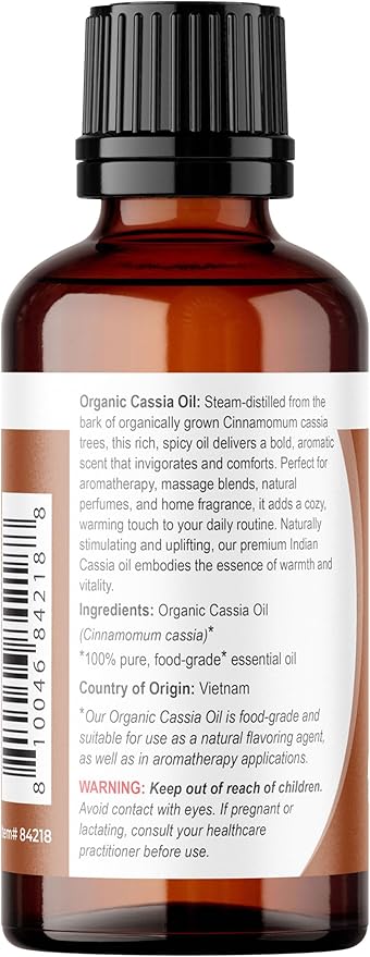 Viva Doria Cassia Essential Oil, USDA Certified Organic Cassia Oil, 100% Pure, Natural Essential Oil, Undiluted, for Aromatherapy | Food Grade, 30 mL (1 Fluid Ounce)
