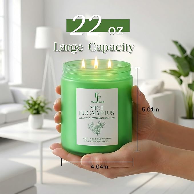 Mint Eucalyptus Large Scented Candle, 3-Wick 22oz Long Lasting Scented Candle, Natural Soy Wax Aromatherapy Candle for Home, Candle Gifts for Women Men