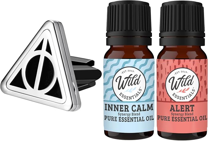Wild Essentials Potter Hallows Essential Oil Car Vent Diffuser Kit – 316L Stainless Steel Locket, Rubber-Coated 4-Way Clip, 8 Color Pads (22mm), 25mm – Includes Alert & Inner Calm (2 x 10ml)