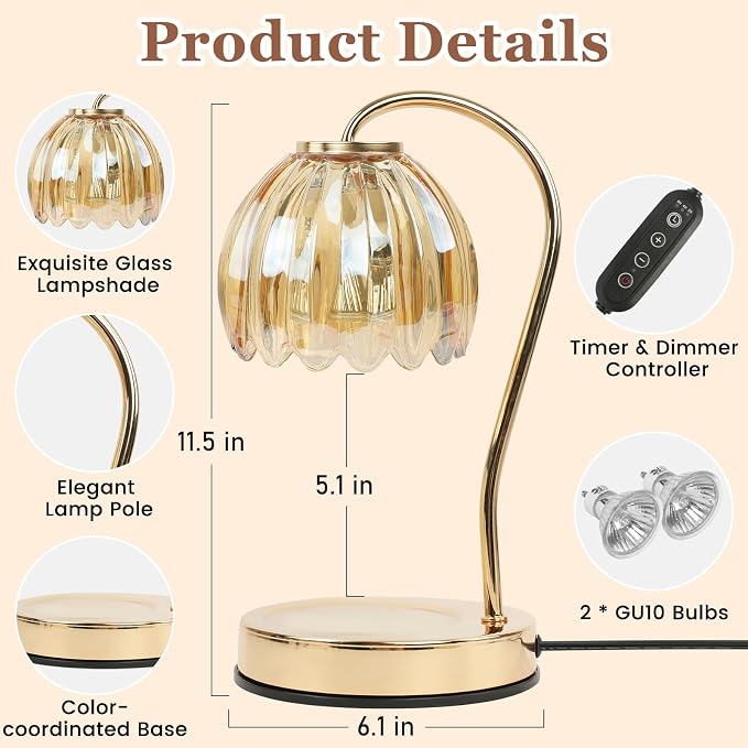 Candle Warmer Lamp with Timer & Dimmer, Modern Amber Candle Warming Lamp for Jar Candles, Scented Candle Wax Melt Warmer, Birthday Gift for Women, House Warming Gift New Home Bedroom Decor
