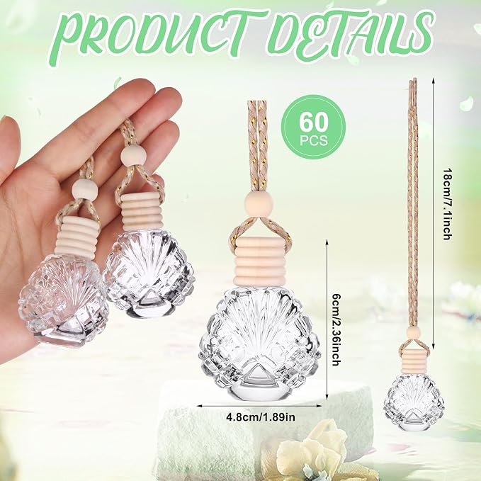 60 Pcs Hanging Car Air Freshener Car Diffuser Bottle Empty Glass Perfume Bottles Air Freshener Diffuser Bottle Pendant for Essential Oils Fragrance Aromatherapy Ornament Decor (Shell)