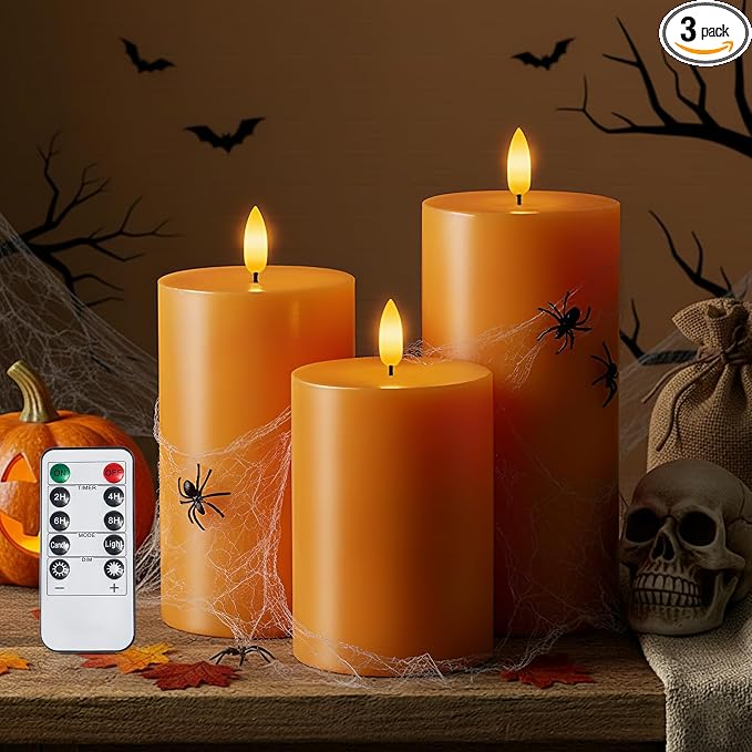 Homemory Halloween Orange Flameless Candles Battery Operated with Remote Timer, Real Wax LED Pillar Candle for Halloween Decoration, Fall Decor, Harvest Festival Gifts, H456, Set of 3