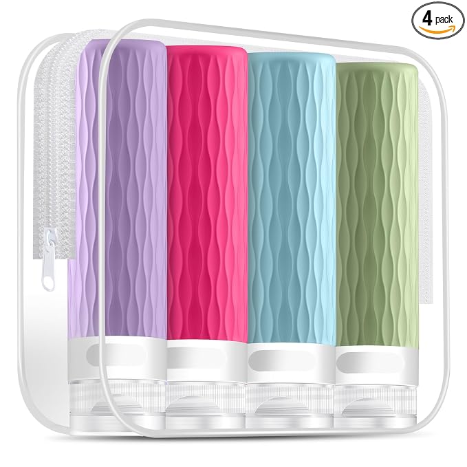 Travel Bottles for Toiletries, TSA Approved 3.4oz Travel Size Containers, BPA Free Leak Proof Silicone Traveling Bottles, Refillable Travel Essentials Kits for Shampoo Conditioner(4 Pack)-C