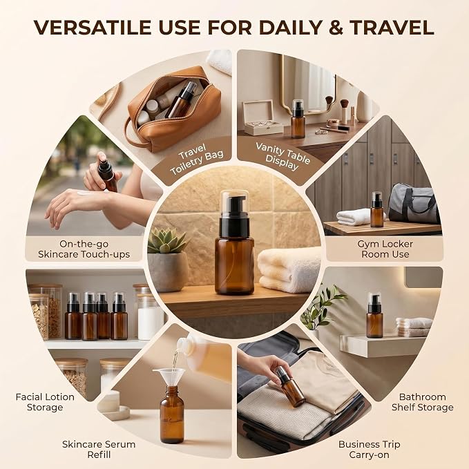 3 Pcs 30ml 1oz Amber Glass Travel Bottles Leakproof Cosmetic Cream Pump Bottle Dispenser Lotions Bottles Travel Containers Lotion Dispenser for Creams Foundation Shampoo Essential Oils