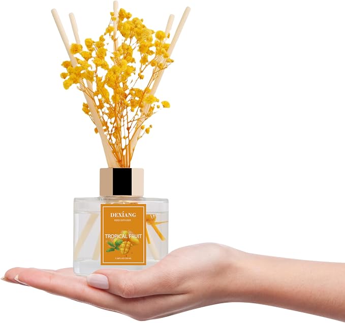 Reed Diffuser Set - 3.38 fl oz Tropical Fruit Premium Scented Oil with Preserved Baby's Breath & Cotton 6 Sticks | Long-Lasting Aromatherapy for Home, Bedroom, Bathroom, Office Home Decor