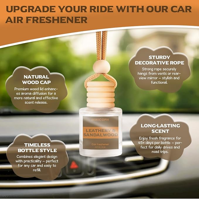 Car Air Freshener Diffuser Hanging, Leathery & Sandalwood Fragrance Oil
