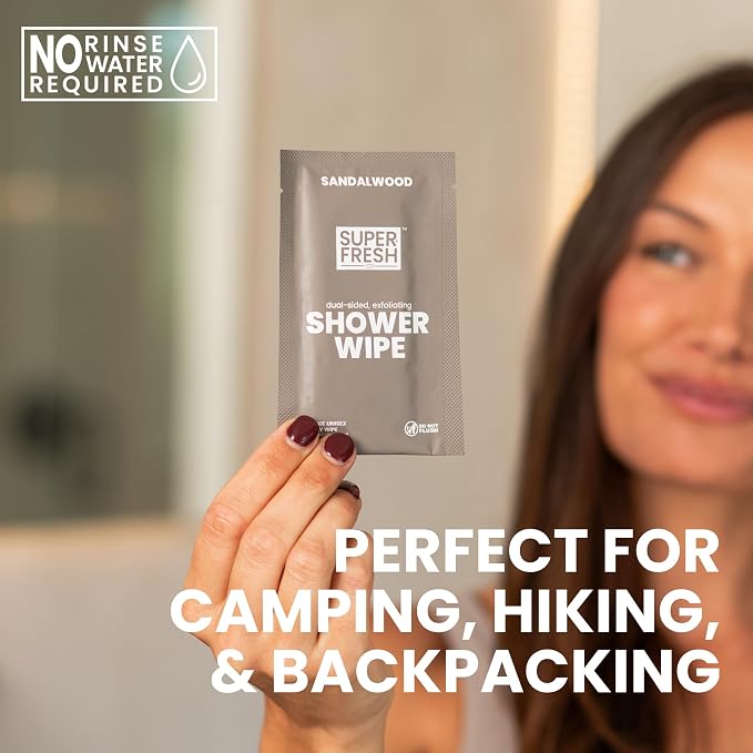Super Fresh Shower Body Wipes, Travel Essentials for Camping, Large Sandalwood Wipes for Adults, Women, Men, Kids Personal Hygiene Cloth Enriched with Aloe and Vitamin E, Individually Wrapped 10 Pack