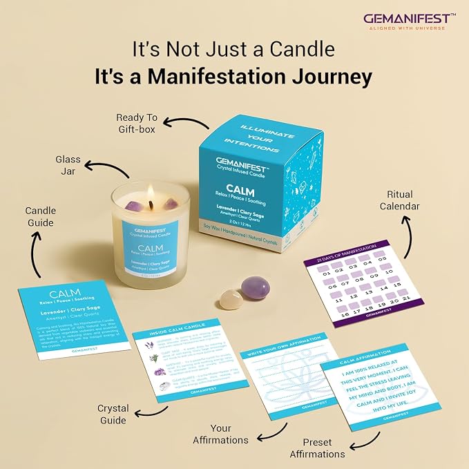 Stress Relief Manifestation Crystals Candle, Lavender Essential Oil & Healing Soy Candle Anti-Anxiety, Valentine's Gift for Her/Him, Women's Wellness & Spiritual Healing