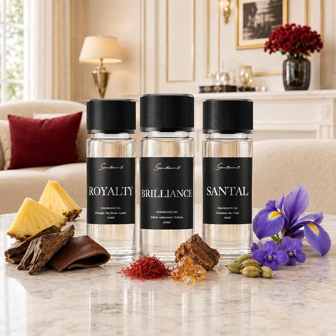 Scentiment Diffuser Oil Sample Set – 3 Pack Royalty, Brilliance, Santal, Pineapple – Saffron & Cardamom Blends, Luxury Hotel-Inspired Fragrance Oils for Cold Air Diffusers – 3 x 0.68 fl oz (20 mL)
