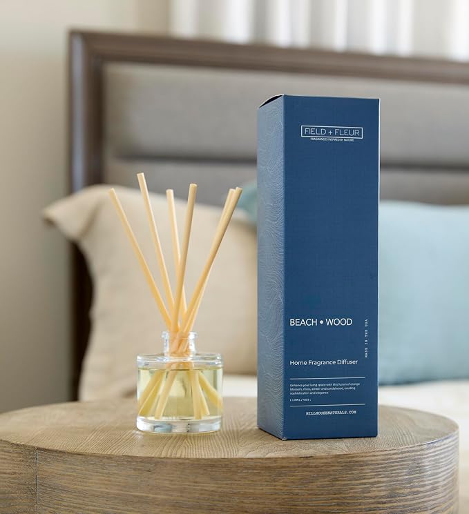 Field + Fleur - Reed Diffuser Set - Home Fragrance Diffuser - Refresh Home, Bedrooms, Bathrooms & More - Notes of Orange Blossom, Moss, Amber & Sandalwood - Made in the USA - Beach Wood Scent - 4 oz