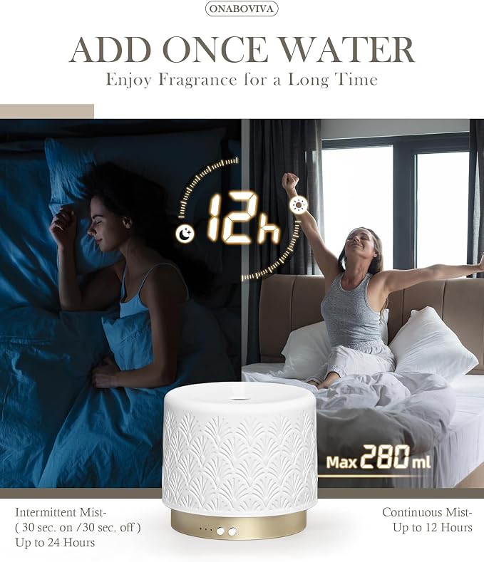 Essential Oil Diffuser - 280ml Ceramic Diffuser for Large Room & Commercial Use, 2.4MHz Aromatherapy Diffuser with Cool Mist Humidifier & Night Light, Ideal for Bedroom, Office, Yoga, Spa, Gifts