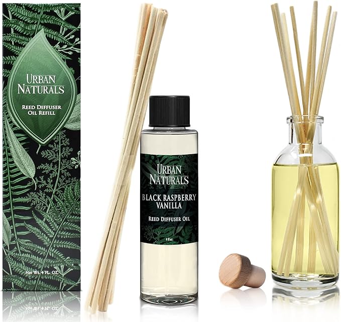 Urban Naturals Reed Diffuser Oil Refill, Black Raspberry Vanilla Oil for Diffuser with Orchid, Amber, Sandalwood, 4 oz + Free Reed Sticks, Made in the USA