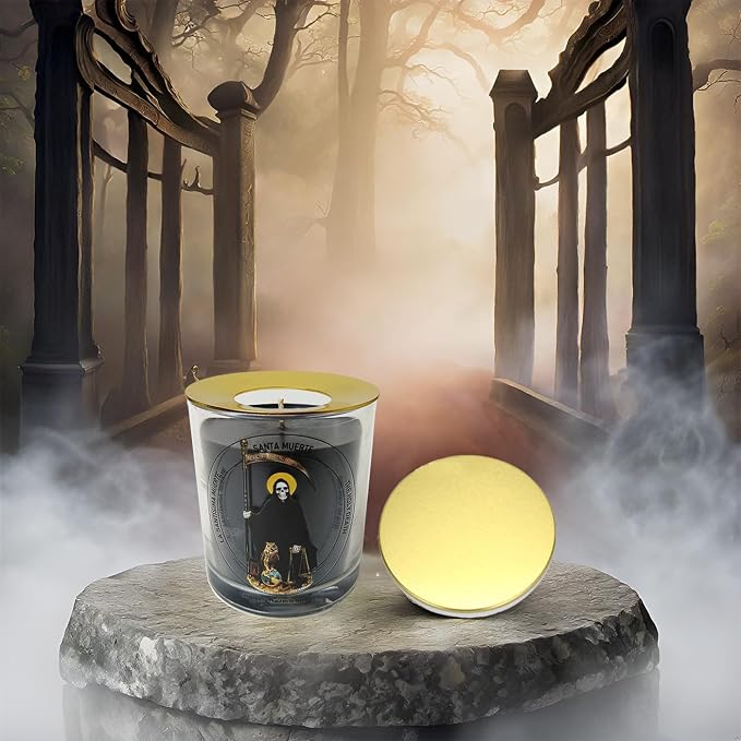 Black Santa Muerte Candle 50 Hours with Warmer Ring│Hand-Poured Soy Wax│Negative Energy Cleansing, Curses Hex Breaking, Protection, Defense, Witchcraft Ritual, Brujeria│Design in Mexico City│3“×3.6”