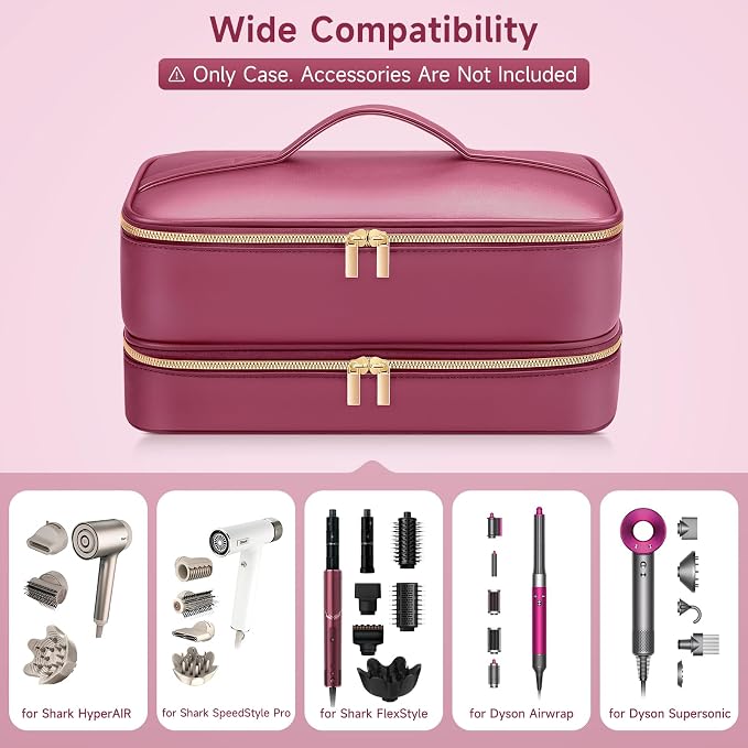 Travel Hair Dryer Case for Shark Flexstyle, Double-Layer Carrying Case for Shark Flex Style Blow Dryer, Portable Hair Tools Storage Organizer Bag for FlexFusion Beauty Hairdryer Attchments (Cherry)