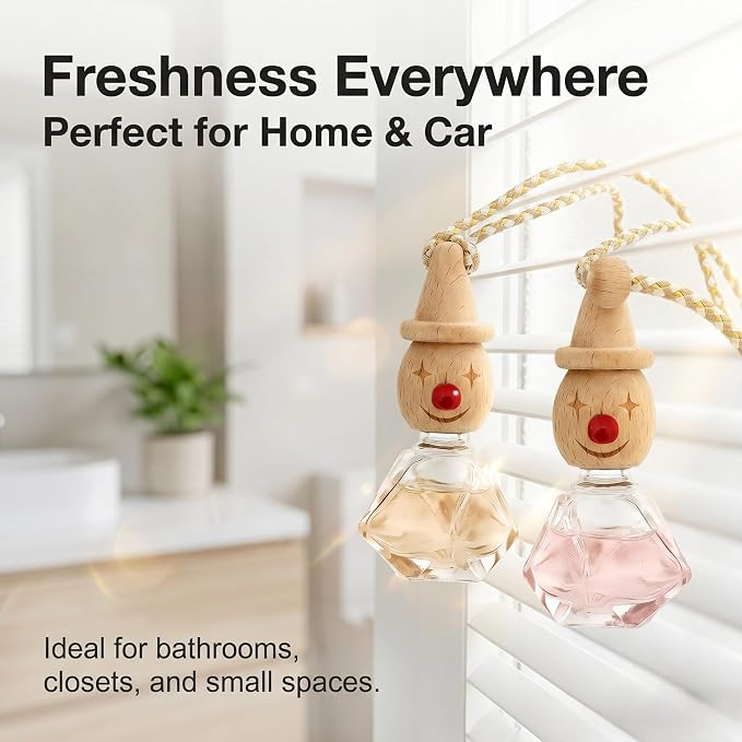 2 Pack Snowman Glass Hanging Car Rearview Mirror Diffuser Bottles | Wood lids & droppers included, refillable empty bottles for car closet bathroom home aromatherapy decor
