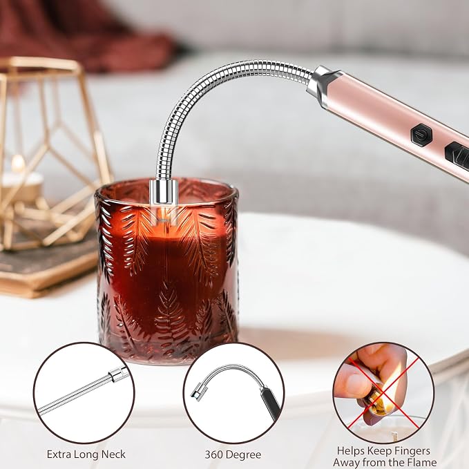 Electric Candle Lighter Long Flexible Neck Windproof Flameless USB Rechargeable Plasma Arc Lighter for Grill Firework Kitchen Camping (Rosegold)