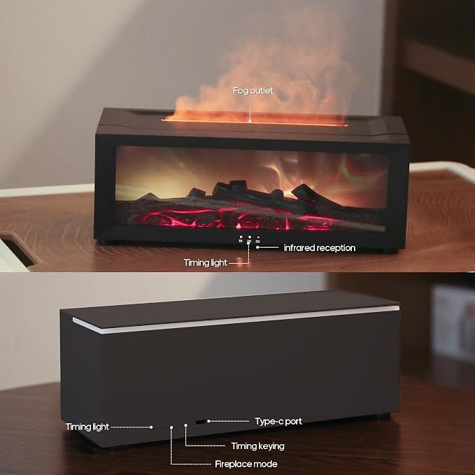 Essential Oil Diffuser Flame Colorful Water Vapor Fireplace Diffusers Fire Humidifier for Aromatherapy Aroma Therapy Machine (Black Fireplace (Long Version)