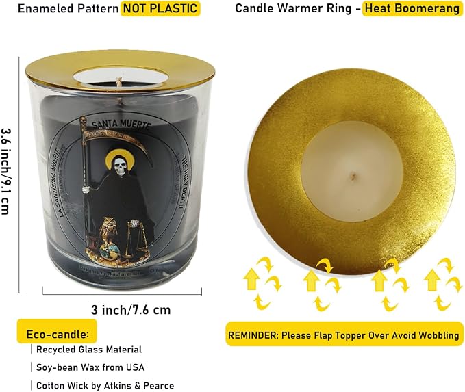 Black Santa Muerte Candle 50 Hours with Warmer Ring│Hand-Poured Soy Wax│Negative Energy Cleansing, Curses Hex Breaking, Protection, Defense, Witchcraft Ritual, Brujeria│Design in Mexico City│3“×3.6”