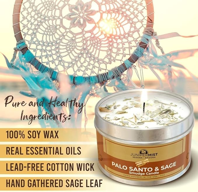 Palo Santo & Sage Smudge Candle (6oz) Ground & Purify - Pure Sage Energy Cleansing Candle for House Cleansing Negative Energy – Spiritual for Protection & Intention – Soy Wax - Made in The USA