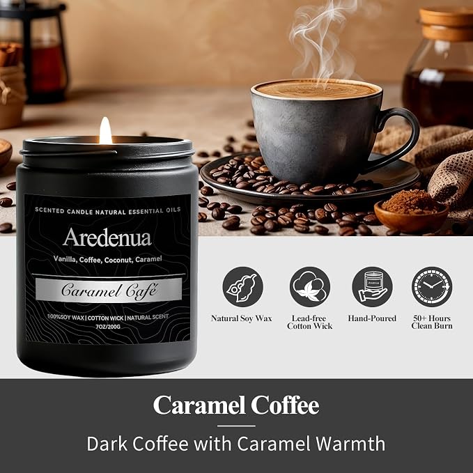 Caramel Coffee Candle | Soy Scented Candles for Home & Office, 50H Clean Burn, Manly Gifts for Fathers Day – Aromatherapy Candle for Dad or Husband, Cozy Coffee & Caramel Scent