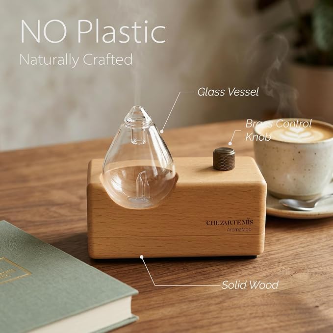 Waterdrop Glass Essential Oil Diffuser with Handmade Wood Base for Aromatherapy, Waterless Scent Diffuser for Yoga Home Office, Portable & Cordless Oil Nebulizer with LED & Timer, Gift of Fragrance