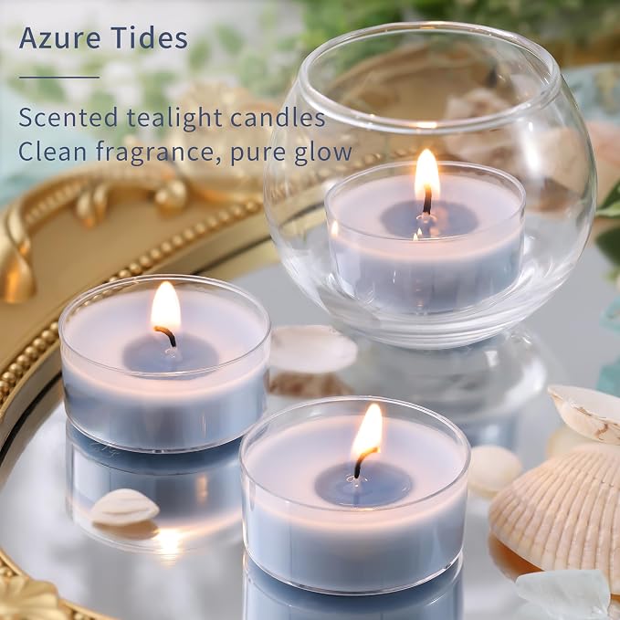 DEVI Ocean Breeze Highly Scented Tea Lights Candles 48 Pack, 3.5-4 Hours Natural Palm Tea Candles for Home Scented, Small Blue Votives with Natural Essential Oils for Gifts